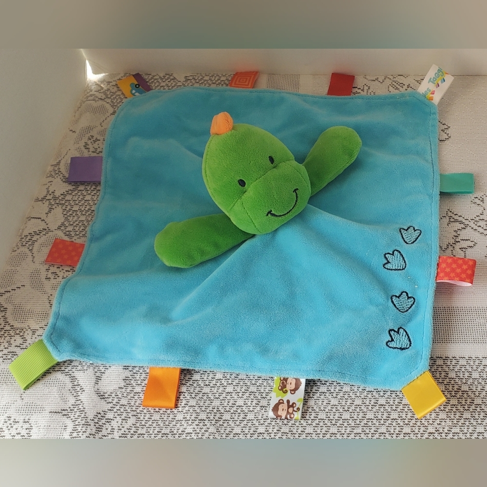 Taggies Dinosaur Tracks Satin Lovey Baby Security Blanket Plush Green Blue Dino